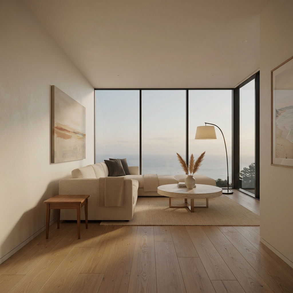 Sunlit modern vacation rental living room with ocean views, representing a security deposit alternative to increase STR bookings.